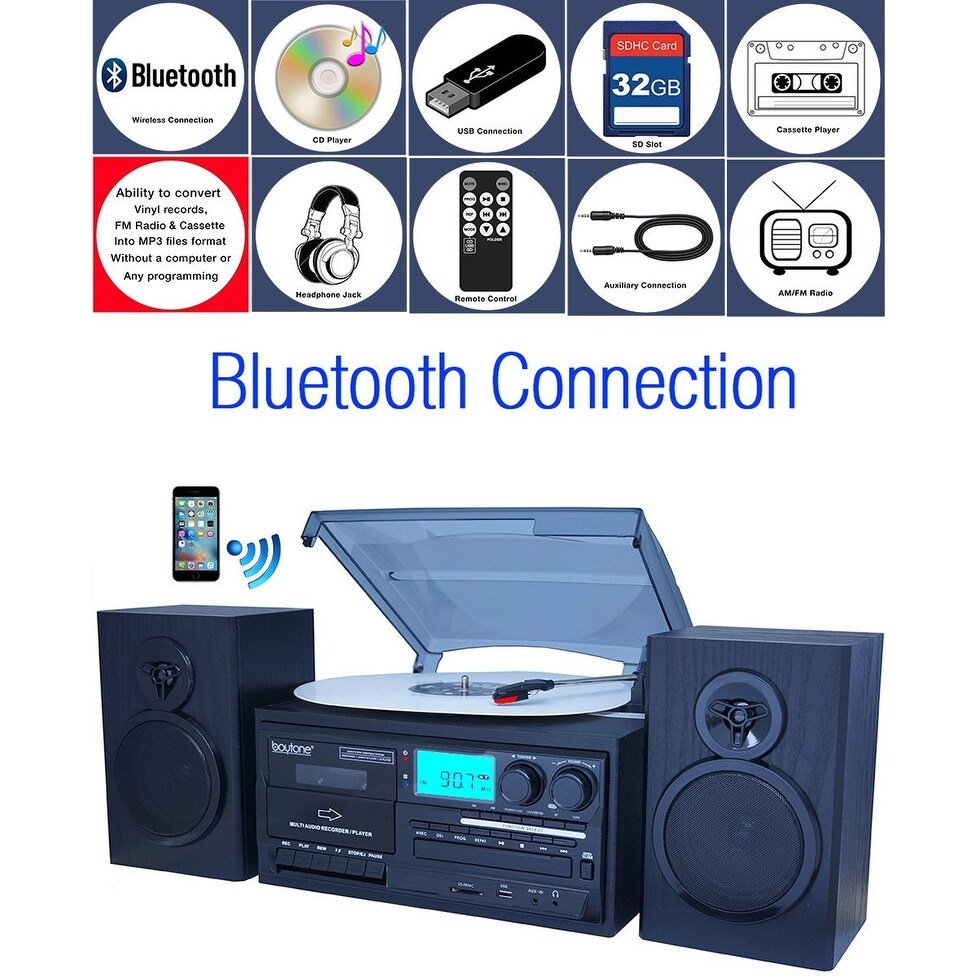 Boytone BT-28SPB, Bluetooth Classic Style Record Player Turntable with AM/FM Radio, Cassette Player, CD Player, 2 Separate Stere Boytone BT-28SPB, Bluetooth Classic Style Record Player Turntable with AM/FM Radio, Cassette Player, CD Player, 2 Separate Stere