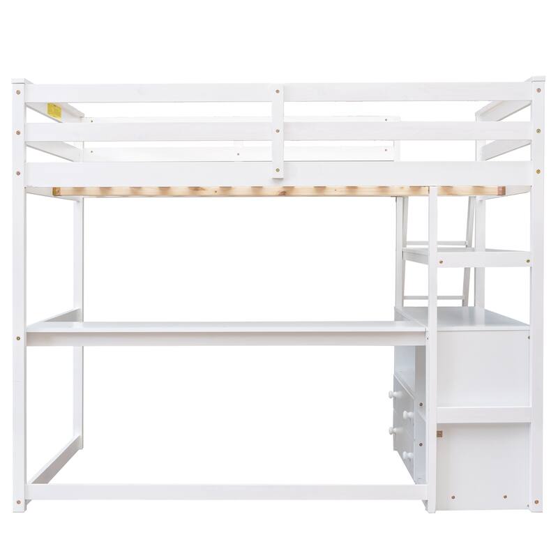 Full Size Loft Bed with Desk, Shelves, and Two Built-in Drawers in White