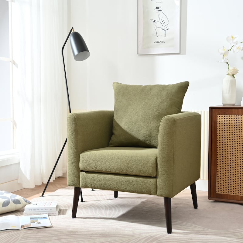 Fabric Accent Chair with Pillow, Ergonomic Upholstered Single Sofa Chair, Lounge Reading Chair with Tapered Wooden Legs