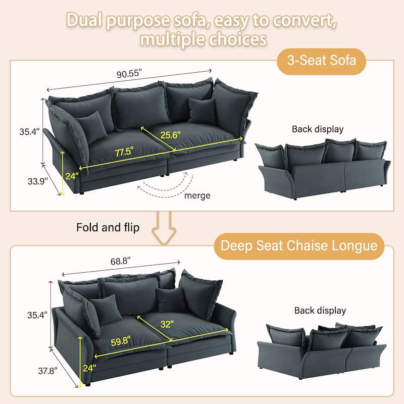 90.55" Modern Deep Seat Sofa Couches with Multiple Large Soft Pillows