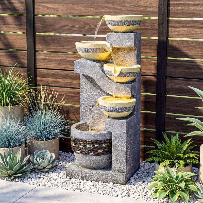 Stone-Texture Weather Resistant Garden Polyresin 3-Tier Cascading Waterfall Fountain
