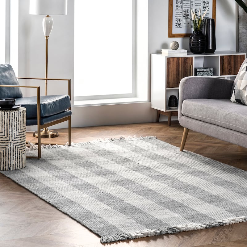 Nuloom Ellis Hand Woven Farmhouse Plaid Fringe Area Rug - 9' x 12' - Grey - Rectangle