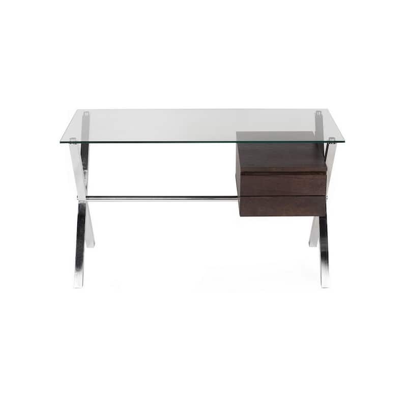 Tia 51 Inch Small Office Desk, Glass Tempered Top, 2 Drawers, Dark Brown