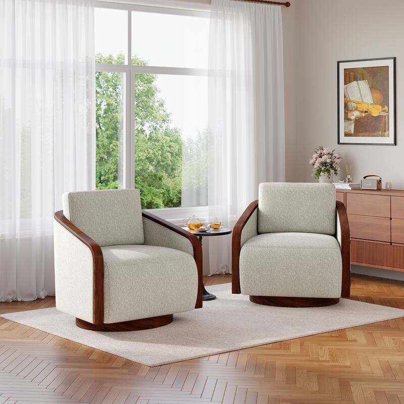 Set of 2 Modern 360° Swivel Accent Barrel Chairs with Wood Arms