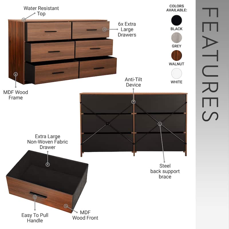 6 Drawer Dresser with Fabric Drawers and MDF Frame Modern Storage