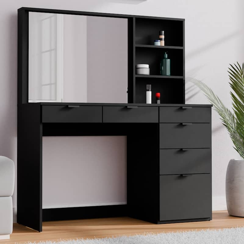 Kappesberg Jade Vanity with Mirror – 6 Drawers and Open Niches - Black