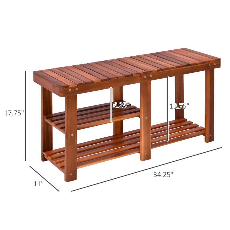 Teak Ottoman Bench Shoe Rack Bench with Three Tier Open Shelves, Wooden Dining Bench Window Bench Decorative Bench
