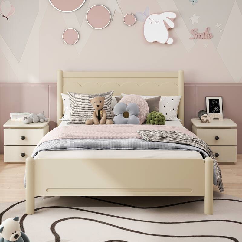 Wood Platform Bed Frame with Headboard & Wooden Slat Support - Queen - Beige