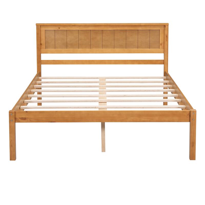 Classic Platform Bed Frame Wood Full Bed with Headboard, Solid Wood Full Size Platform Bed Frame, No Box Spring Needed