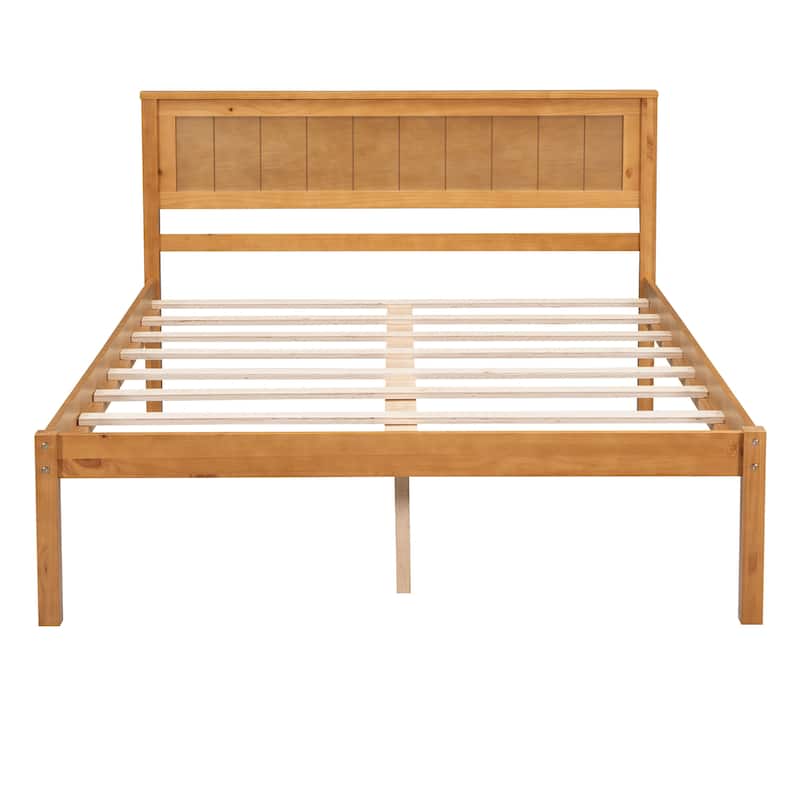 Oak Full Size Pine Wooden Platform Bed with Headboard and Wood Slat Support for Bedroom