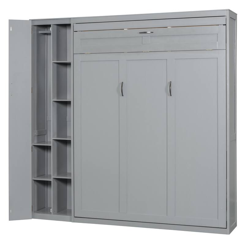 Multi-functional Queen Murphy Wall Bed with Storage Shelves, Wardrobe, and LED Lighting, Ideal for Small Spaces