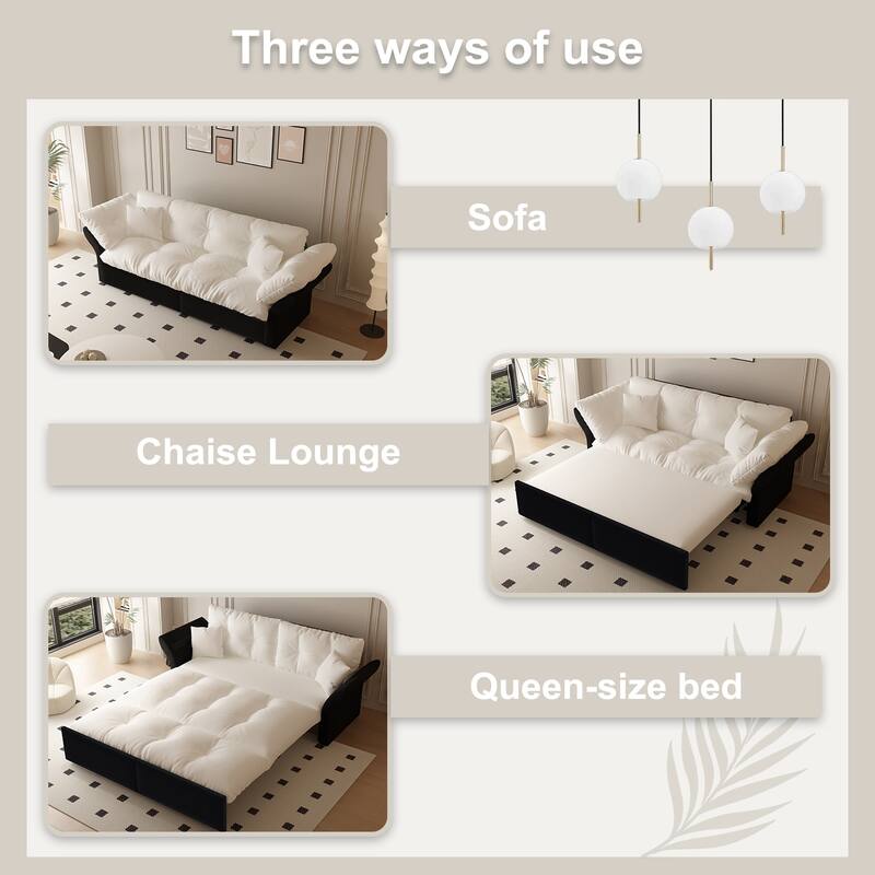 74.8" Queen Pull Out Sofa Bed, 3-in-1 Convertible Sleeper Tufted Sofa with 2 Soft Pillows,Multi-Functional Velvet Loveseat Bed