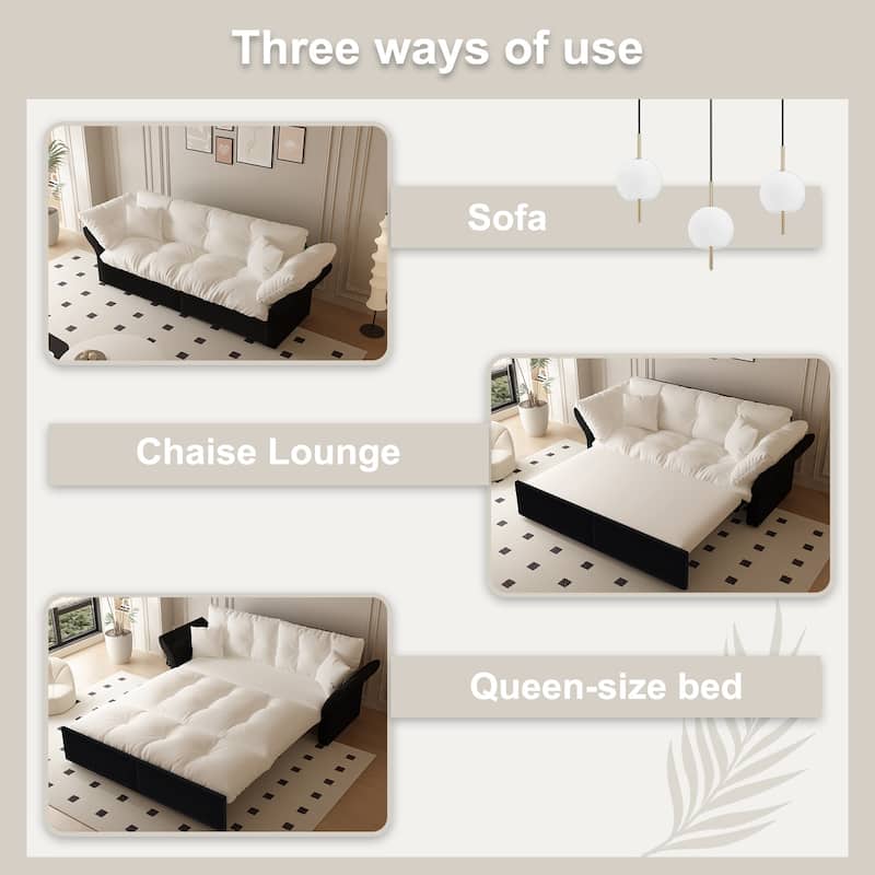 Queen Pull Out Sofa Bed, 3-in-1 Convertible Sleeper Tufted Sofa with 2 Soft Pillows, Velvet Loveseat Bed