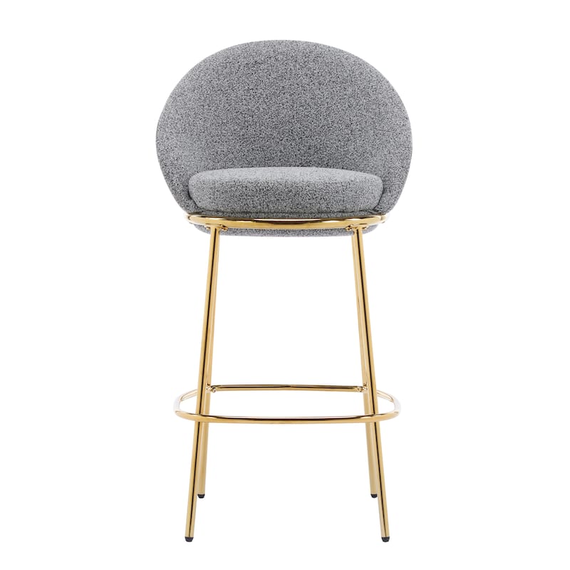 Ergonomic Accent Chairs Grey Upholstered Bar Stools Set of 2 with Half-moon Backrest, Circular Padded Seat and Gold-Plated Frame