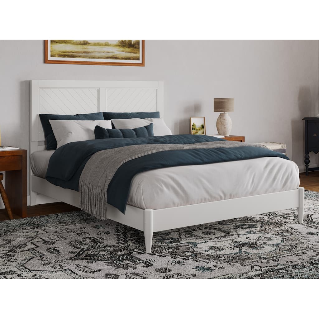 Solid Wood Low Profile Platform Bed with USB Port - Gothic Glamour Design, White Finish