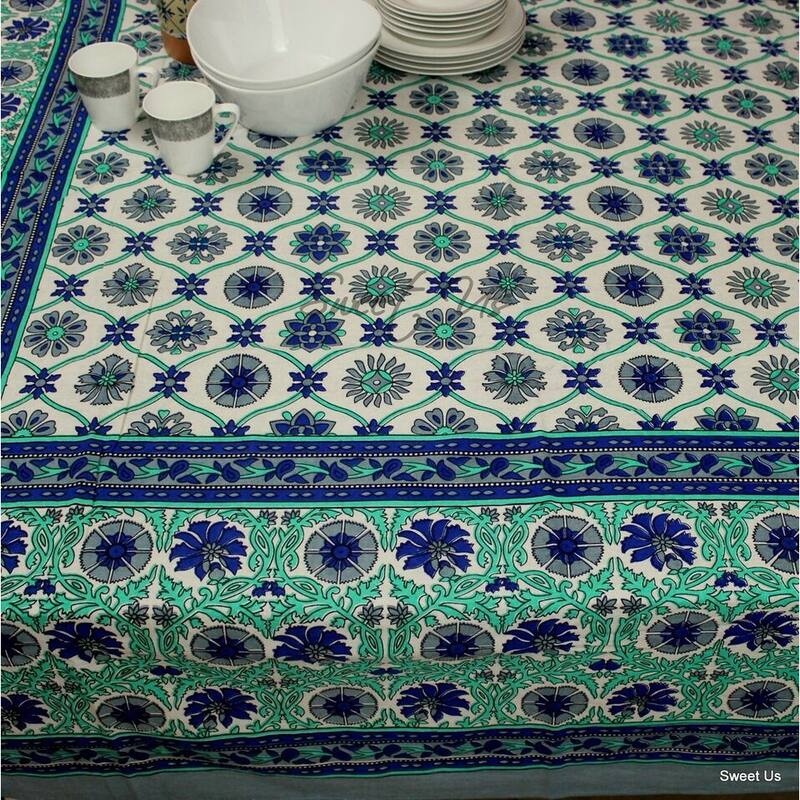 Cotton Floral Tablecloth Rectangle Dining Linen Collection - 88 x 104 inches - Blue