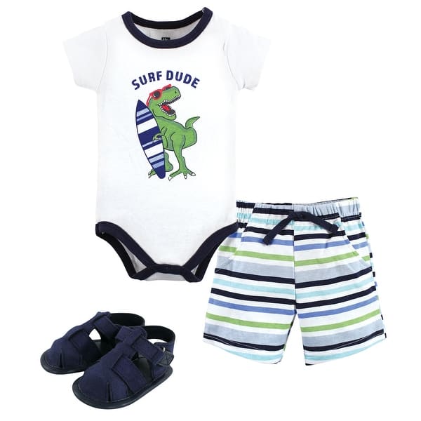 slide 1 of 1, Hudson Baby Infant Boy Cotton Bodysuit, Shorts and Shoe Set, Surf Dude 0-3 Months - Surf Dude