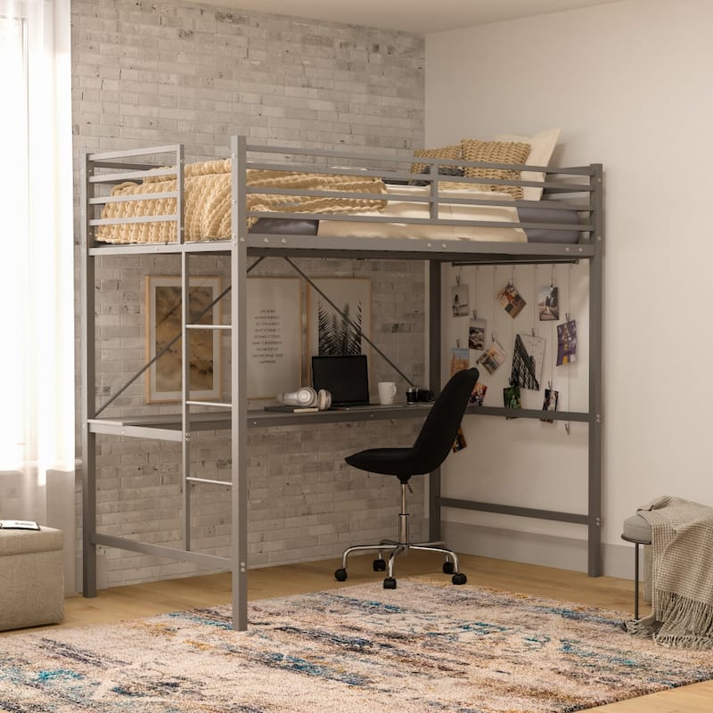 Sturdy Metal Loft Bed Frame with Desk and Safety Rails - Gray