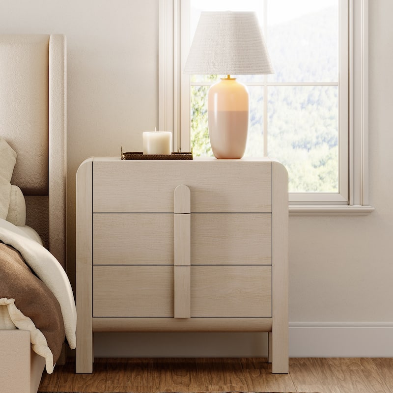 WAMPAT Modern Wood Nightstand With 3 Drawers ,31.5" Large Mid-Century End Table,Curved Bedside Table Storage Cabinet For Bedroom