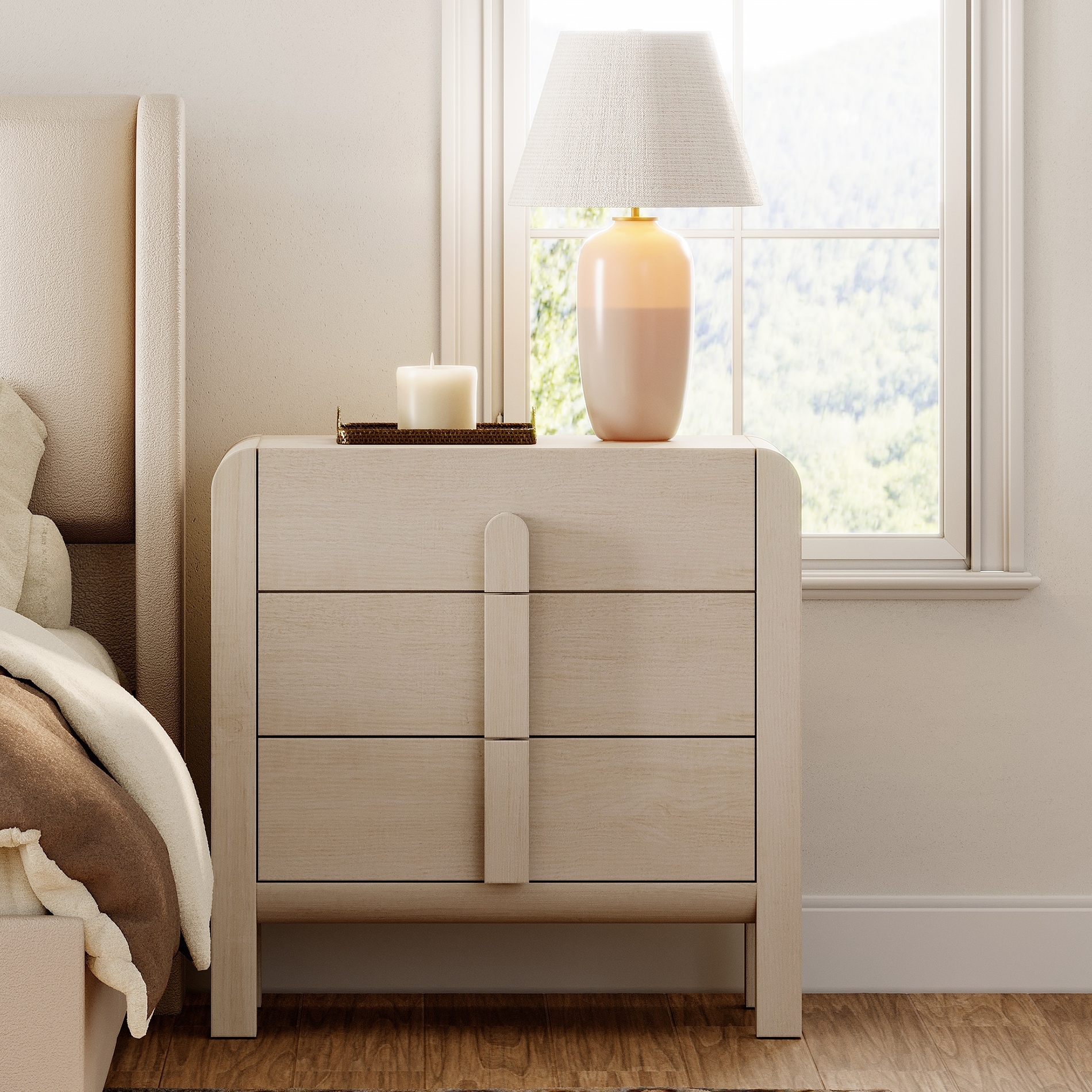 WAMPAT Modern Wood Nightstand With 3 Drawers ,31.5" Large Mid-Century End Table,Curved Bedside Table Storage Cabinet For Bedroom
