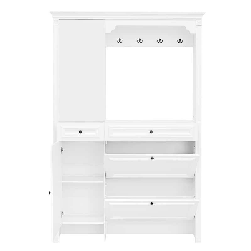Anmytek White 54.7'' Hall Tree with Integrated Shoe Cabinet and Mirrored Cabinet Door