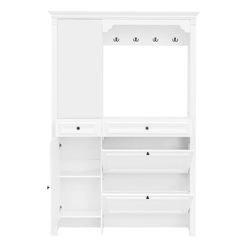 Modern Coat Rack with Shoe Compartment Mirrored Doors 2 Flap Drawers 4 Hooks and 2 Cabinets, for Entryway Living Room
