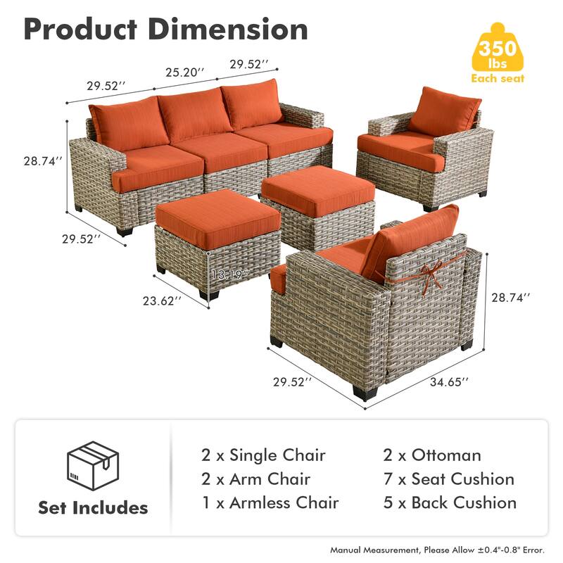 XIZZI 7 Pieces Patio Furniture Wide Armrest Conversation Sofa Set with Ottomans