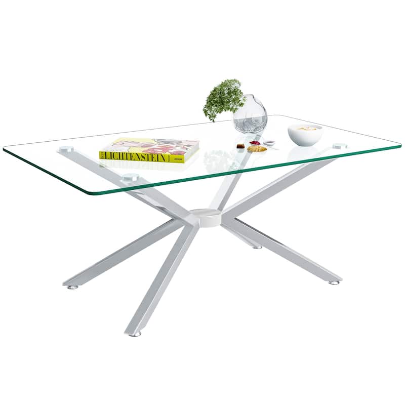 39.37" Rectangular Clear Tempered Glass Coffee Table,Stylish Design with silver Metal Legs, Coffee Table