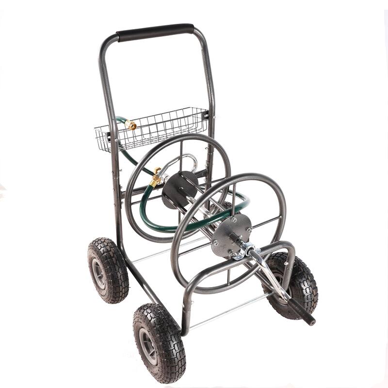 Heavy-Duty 4-Wheel Garden Hose Reel Cart - Portable with Storage Basket & Rust-Resistant