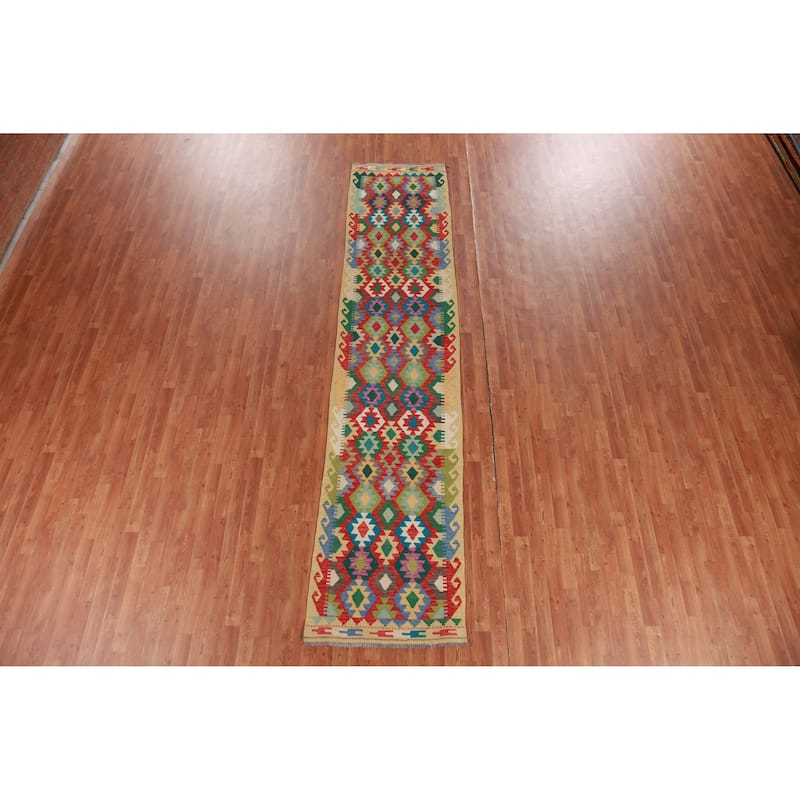 Hand Woven Oriental 100% Wool Carpet Southwestern Geometric Multi-Colored Kilim Runner Rug - 12' 11'' X 2' 9''