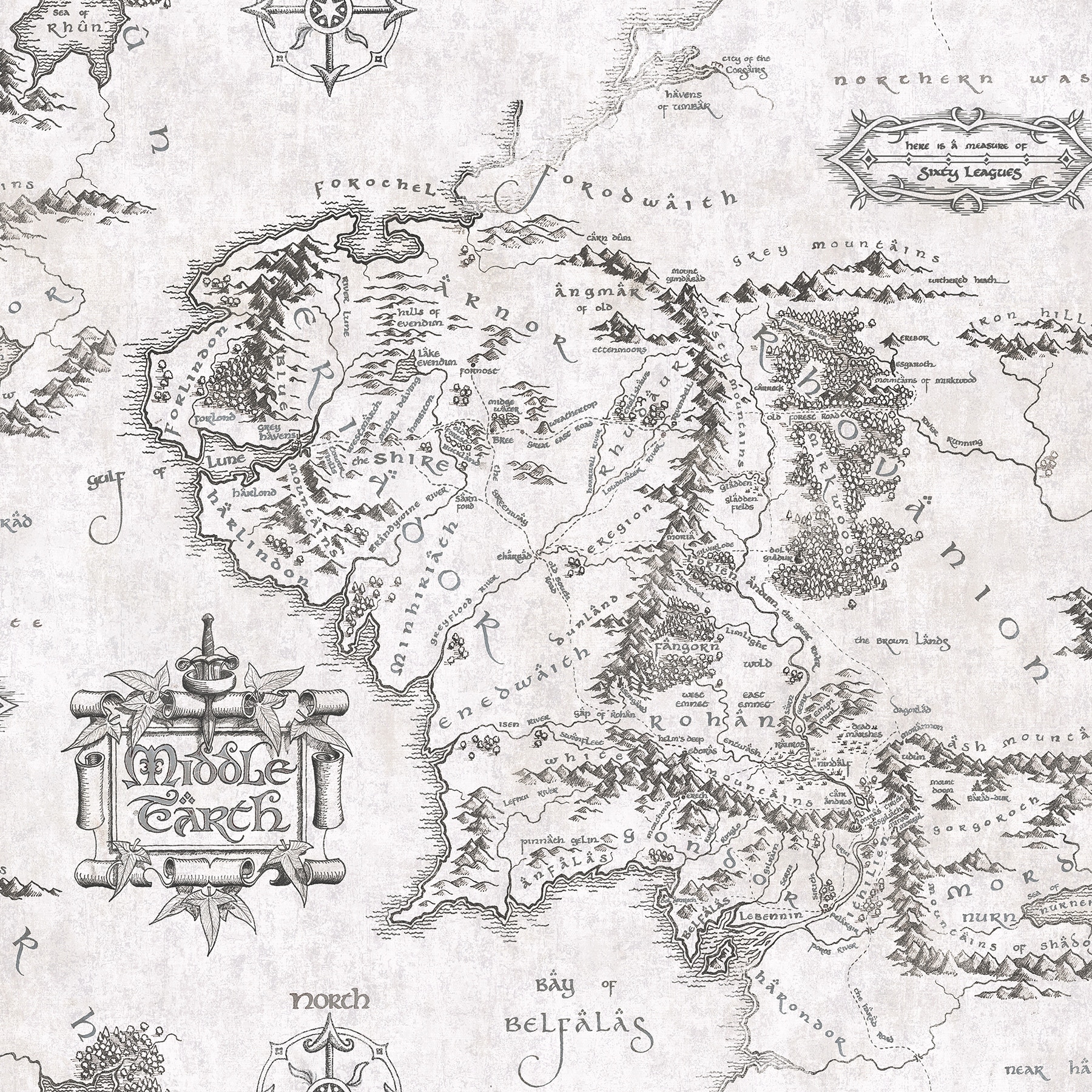 RoomMates Lord of the Rings Black and White Middle Earth Map Peel and Stick Wallpaper