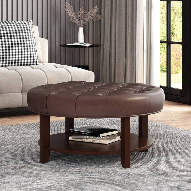 Round Upholstered Ottoman - Classic Shape for Versatile Home Use - Dark Brown