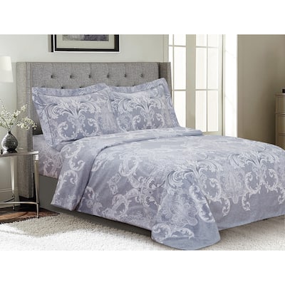 Violet Linen French Damask Pattern, Luxury 200 Thread Count Cotton Percale, Blue, 6 Piece, Bedding Duvet Cover Set