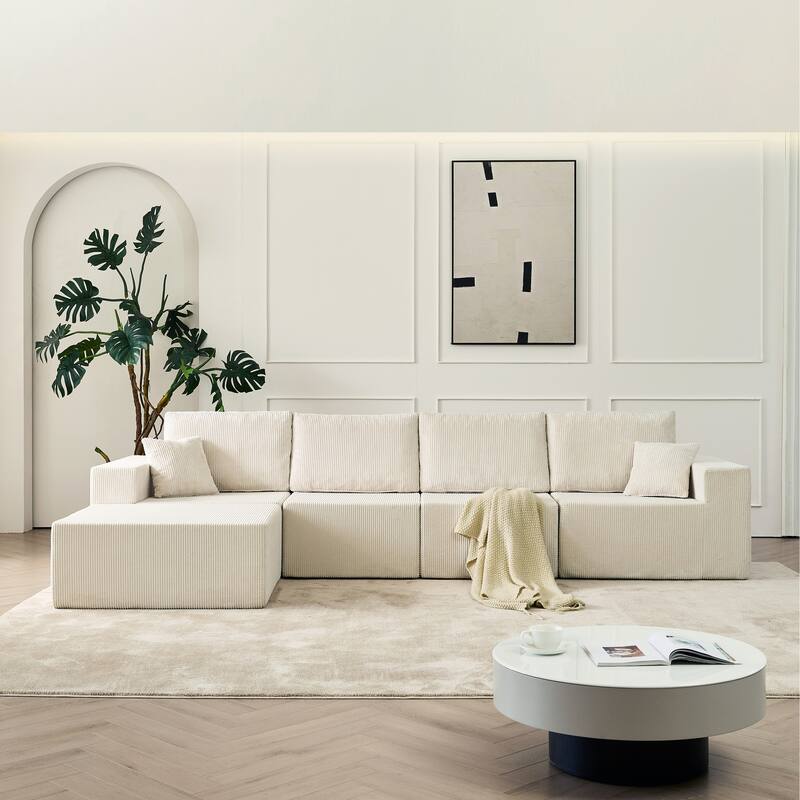 Modular L Shaped Sectional Sofa with Ottoman, Corduroy Boneless Cloud Sofa, 4 Seater Compressed Sofa with 2 Pillows
