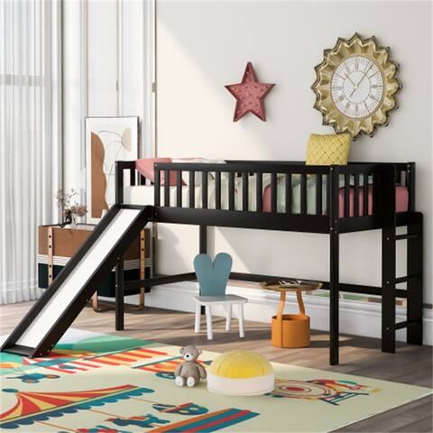 Pine Wooden Twin Size Low Loft Bed with Ladder and Slide,Espresso