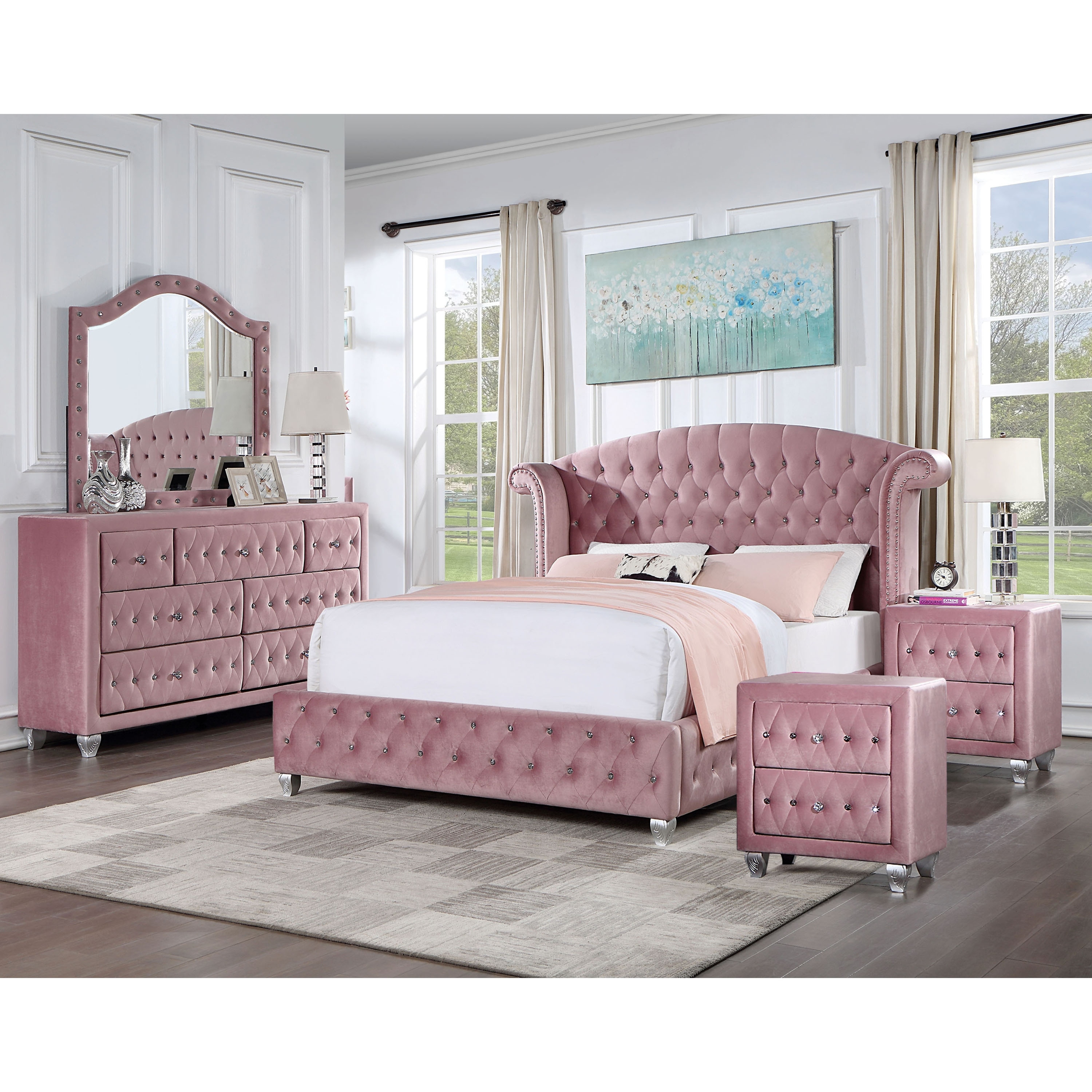 Furniture of America Vyvi Glam Pink Fabric 5-Piece Upholstered Panel Bedroom Set