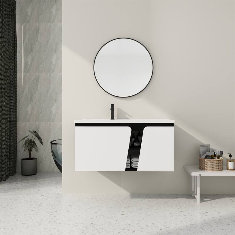 Floating Wall-Mounted Bathroom Vanity With Single Sink - White+Black 40 Inch