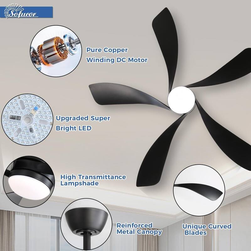 52 Inch Ceiling Fan with Remote & Lights Quiet DC Motor 5 Blade High CFM Modern Fan
