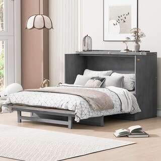 Queen Murphy Platform Bed Storage Cabinet with Storage Drawer and Charging Station, Wooden Foldable Murphy Chest Bed, Gray