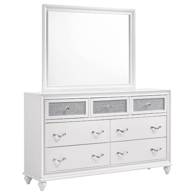 Dini Wide Dresser with Mirror, Glitter-Accented 7 Drawers, White Wood