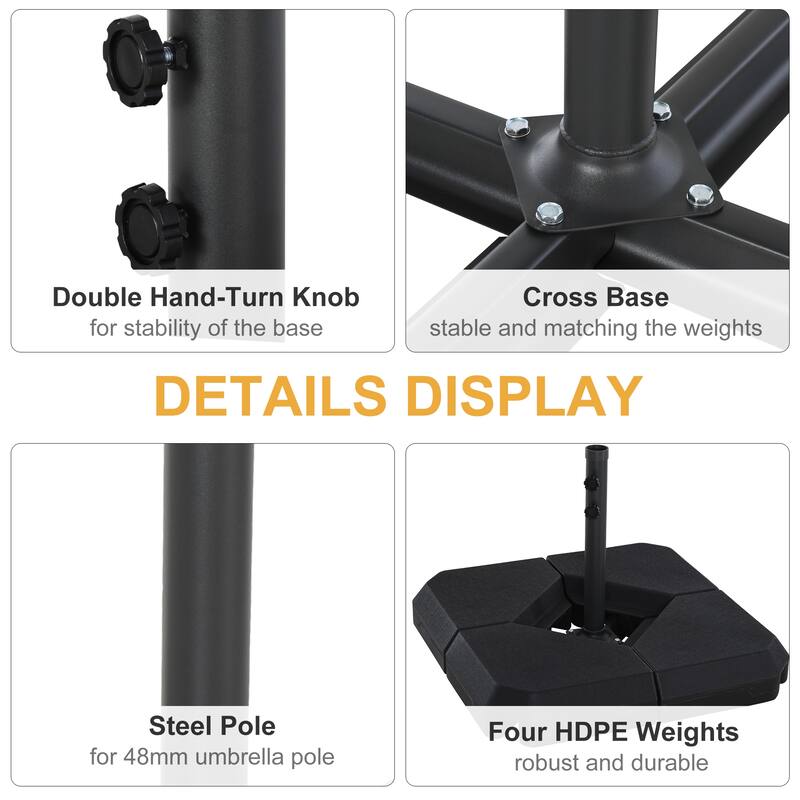 Outsunny Umbrella Stand Fitting 48mm Poles and Steel Base with 4 Fillable Plastic Weights, 4 Gal. Capacity Each, Black