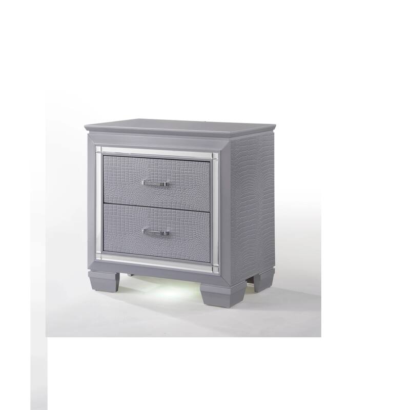 Modern Glam 1pc Solid Wood Nightstand w/ Built-in Light & Silver Crocodile Finish for Bedroom