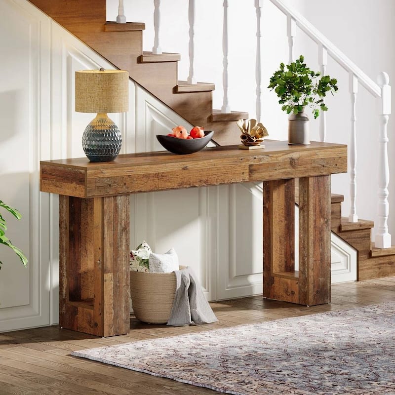 63 Inch Modern Rustic Entryway Console Table with Wood Finish and Legs for Hallway or Living Room - 63”L x 3.77”W x 33.46”H