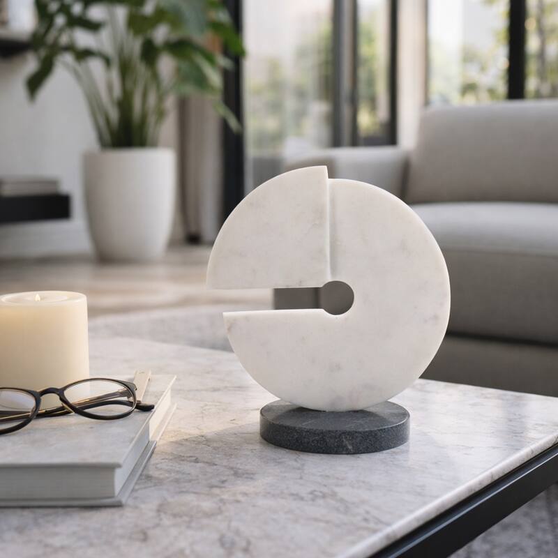Decorative Round Marble Sculpture Statue - 10", White & Black