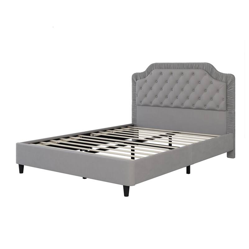 Queen Size Upholstered Bed with Ruched and Button Tufted Headboard
