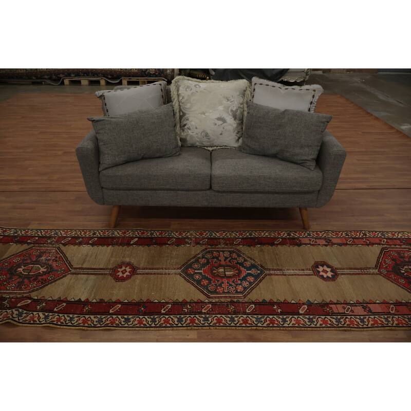 Hand Knotted Oriental 100% Wool Carpet Traditional Geometric Beige & Ivories Sarab Runner Rug - 12' 6'' X 2' 9''