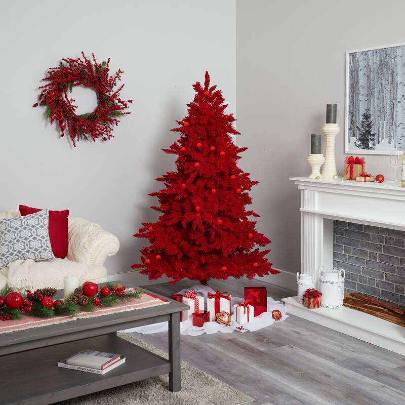 6' Pre-Lit Red Flocked Artificial Christmas Tree, Warm Clear LED Lights - 6 Foot