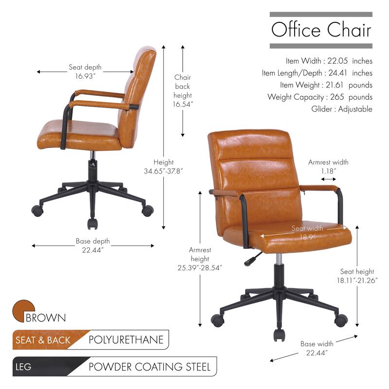 Porthos Home Pei Office Chair, Tufted PU Leather, Steel Swivel Base