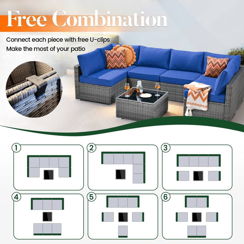 HOOOWOOO 8-piece Grey Wicker Patio Furniture Set Sectional Sofa with Fire Pit Table