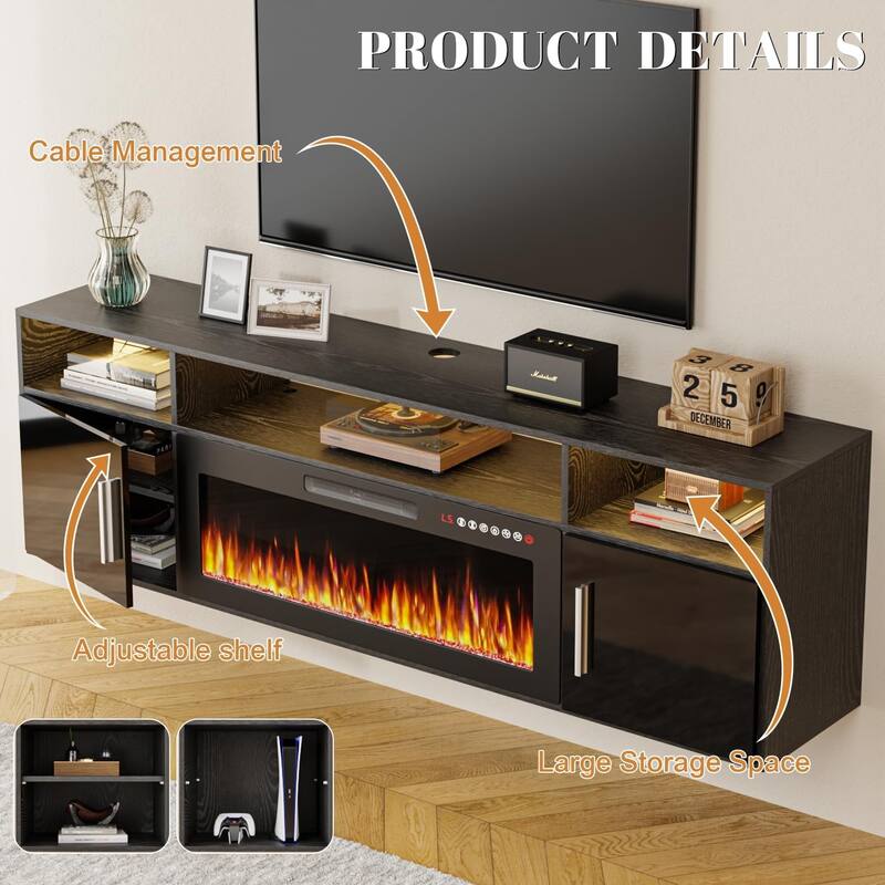 BOSSIN 70" Floating TV Stand with 36" Electric Fireplace, High Gloss Finish Wall Mounted Fireplace TV Stand with Storage